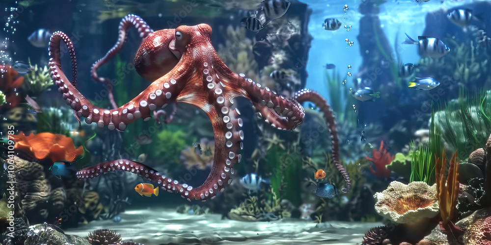 Obraz premium Octopus's Garden: An underwater scene with an octopus exploring a vibrant coral reef, surrounded by schools of fish and a colorful array of sea creatures.