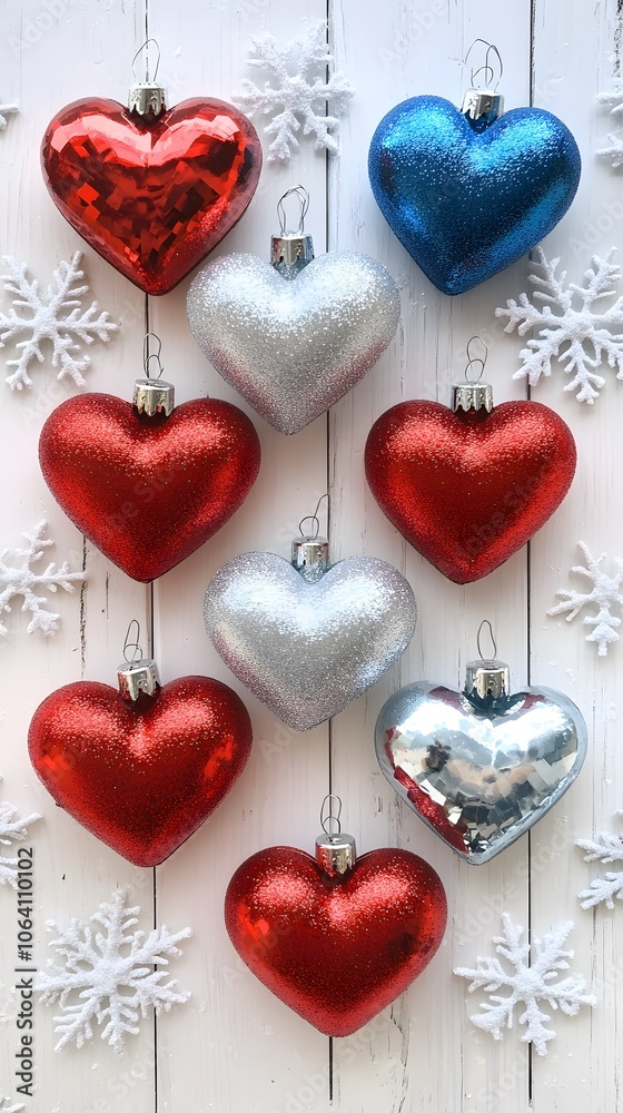 Fototapeta premium A series of heart-shaped Christmas ornaments in red, silver, and blue colors with snowflake designs on a white wooden background