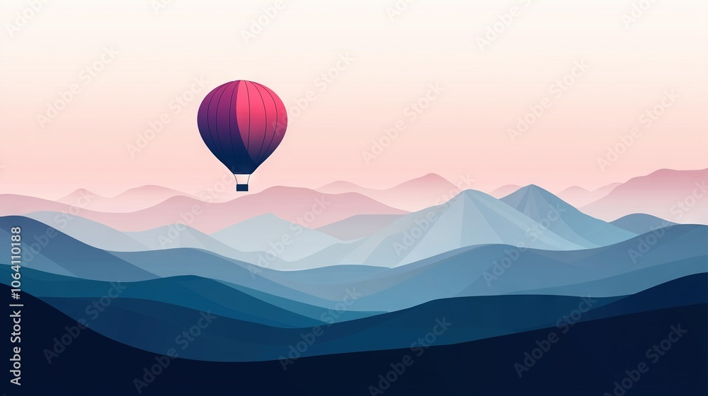 Fototapeta premium An illustration of a hot air balloon flying over a mountain range with a pink and blue sky in the background is beautifully depicted The hot air balloon adds a touch of whimsy