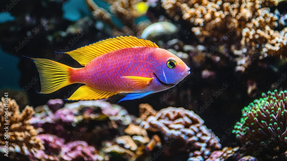 A vibrant tropical fish swimming among corals A vibrant tropical fish swimming among corals