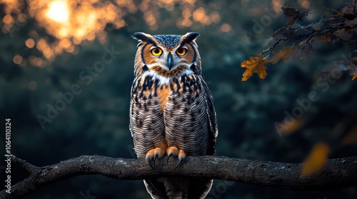 A wise old owl sitting silently on a tree branch at dusk photo