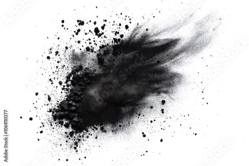 Black smoke cloud with small particles, dark and white illustration. Grey background, stark contrast. Soot, ash, cloud rises from bottom, dark and light tones.