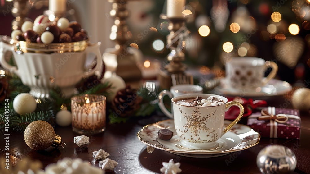 Elegant Holiday Dinner Setting with Hot Chocolate, Fine China, and Festive Decorations Elegant Holiday Dinner Setting with Hot Chocolate, Fine China, and Festive Decorations
