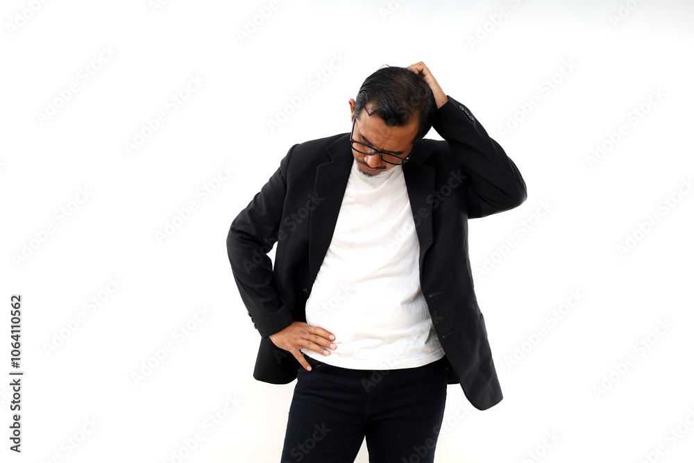 Confused asian businessman tired from work, unemployment, fired from job, disappointed, loss and feeling down. Isolated on white Confused asian businessman tired from work, unemployment, fired from job, disappointed, loss and feeling down. Isolated on white