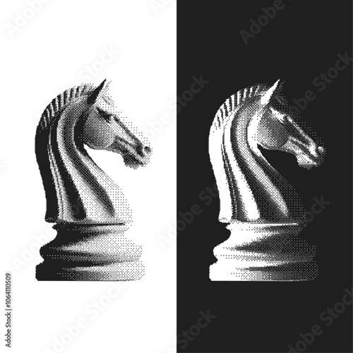 knight horse, retro halftone chess on white and black background