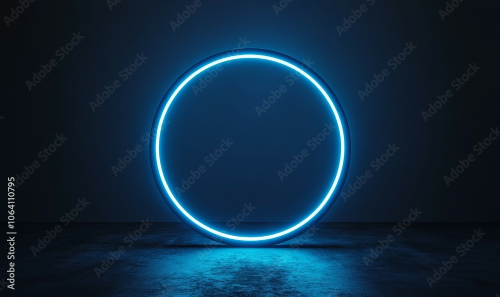 A glowing geometric circle in neon blue captivates attention with its sharp contrast against the dark backdrop, highlighting modern design elements and vibrant color dynamics