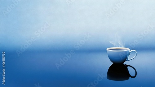   A cup of coffee sits on a table with a blue wall reflection in the background