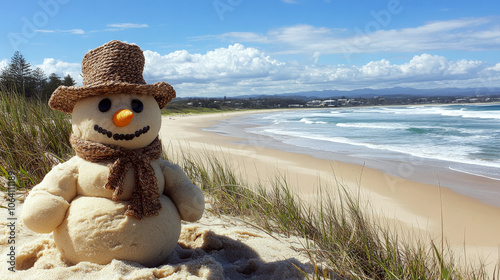 Snowman made of sand with a hat and scarf sits on a sunny beach. Concept: unexpected winter theme in a summer setting.