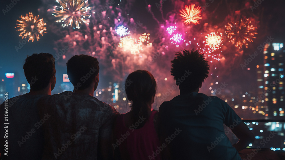 Group of friends watching fireworks in the city amazed during midnight Group of friends watching fireworks in the city amazed during midnight