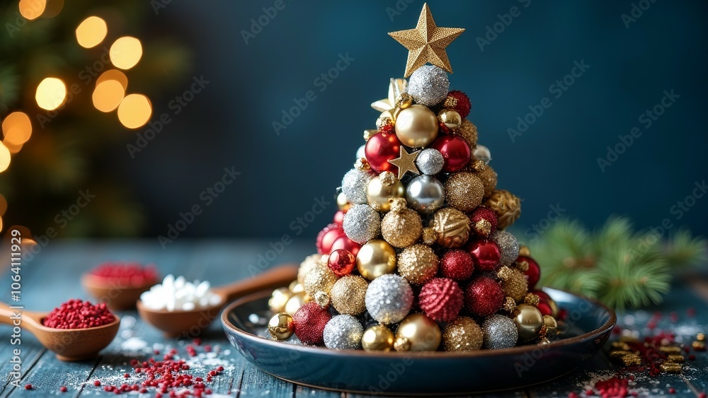 Fototapeta premium Festive christmas tree made of ornamental baubles with seasonal decorations and pine cones