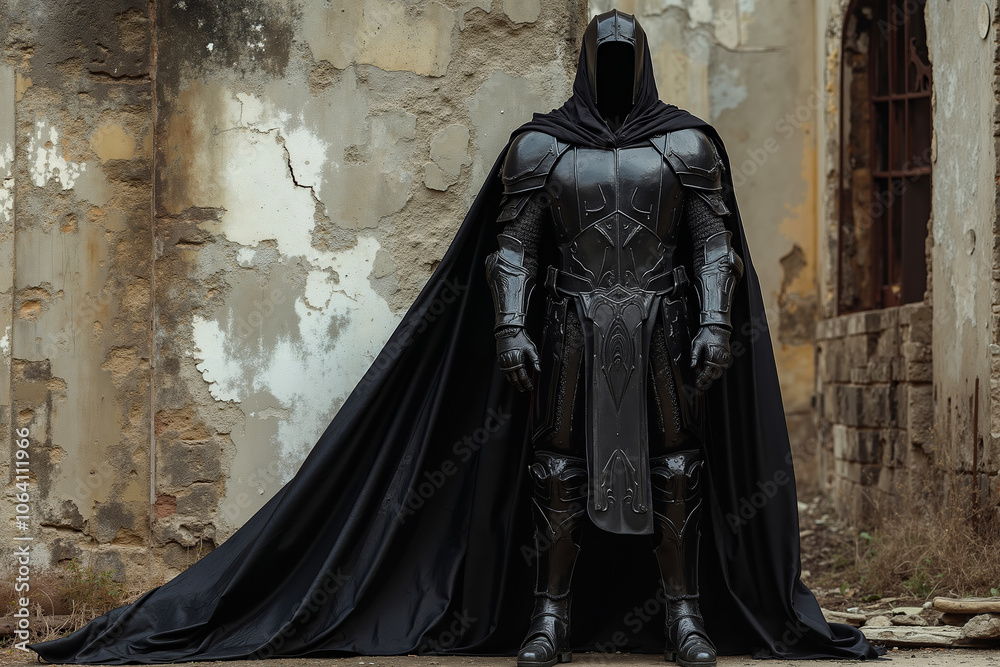 Naklejka premium A person dressed in a black armor and cape, standing in front of a dilapidated building