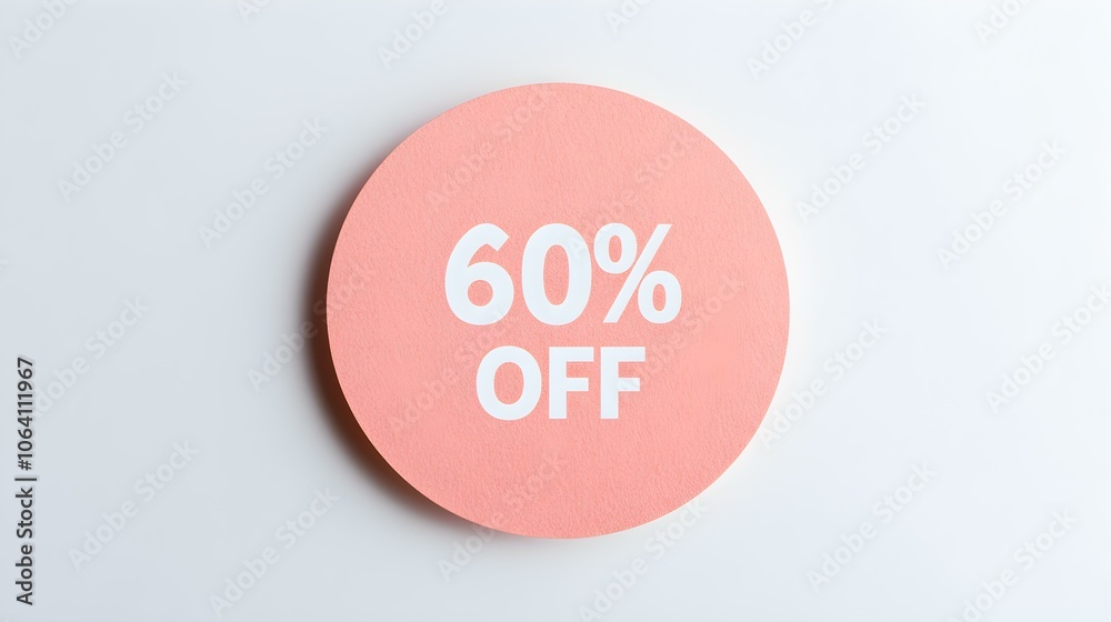 White '60% OFF' Text on a Peach Fuzz Round Paper Note. White Background with Copy Space White '60% OFF' Text on a Peach Fuzz Round Paper Note. White Background with Copy Space