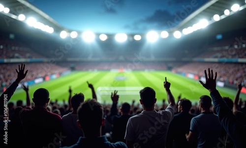Wallpaper Mural large stadium filled with cheering fans watching a soccer match under bright stadium lights. The atmosphere is electric, with people raising their hands, celebrating a moment during the game Torontodigital.ca
