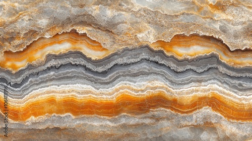Close-up of a slab of wavy, orange, grey, and white natural stone with intricate patterns.