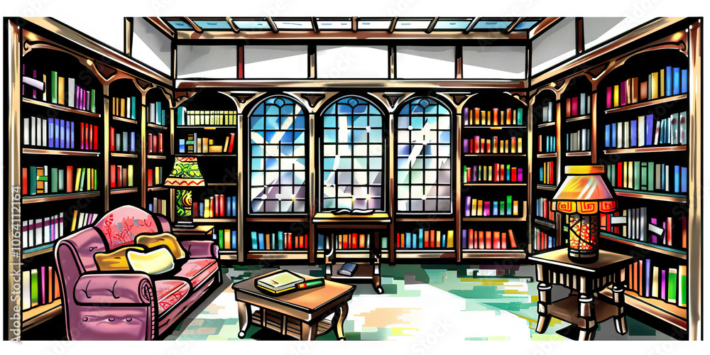 Cozy Library Nook: A quiet, intimate space filled with bookshelves and plush seating, perfect for relaxation and deep focus work. Cozy Library Nook: A quiet, intimate space filled with bookshelves and plush seating, perfect for relaxation and deep focus work.
