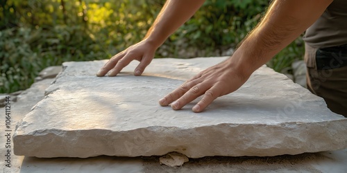 A pair of hands pressing down on a large, rough stone slab in a rustic garden setting photo