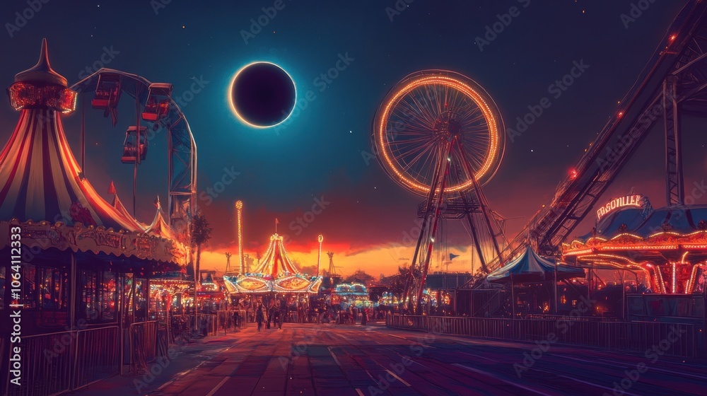 An eerie, colorful, and detailed illustration of a carnival with a dark moon. An eerie, colorful, and detailed illustration of a carnival with a dark moon.