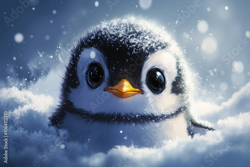 A cute penguin with a yellow beak and black and white feathers, standing in a snowy environment