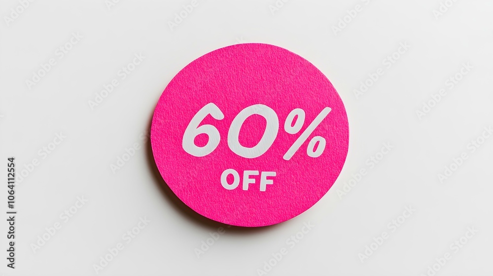 White '60% OFF' Text on a Pink Round Paper Note. White Background with Copy Space White '60% OFF' Text on a Pink Round Paper Note. White Background with Copy Space
