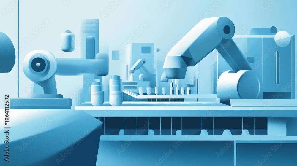 advanced robotic arms in high-tech manufacturing. automated factory machines and conveyor system, illustration in blue tones. futuristic technology of artificial intelligence and automation advanced robotic arms in high-tech manufacturing. automated factory machines and conveyor system, illustration in blue tones. futuristic technology of artificial intelligence and automation