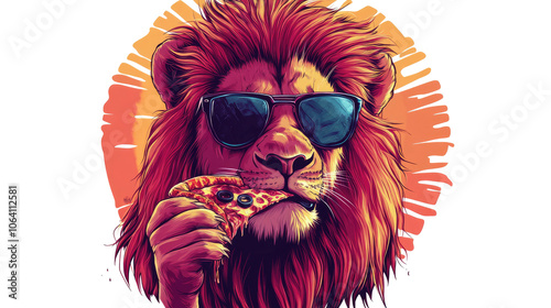 Lion in Sunglasses Enjoys a Pizza Slice in a Vibrant Setting Generative AI photo