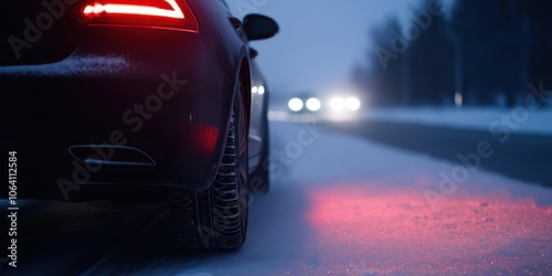 A car at the side of a highway on a clear winter night