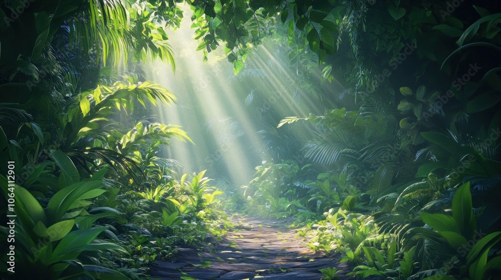 A stone path winds through a dense jungle, sunlight piercing the canopy. A stone path winds through a dense jungle, sunlight piercing the canopy.