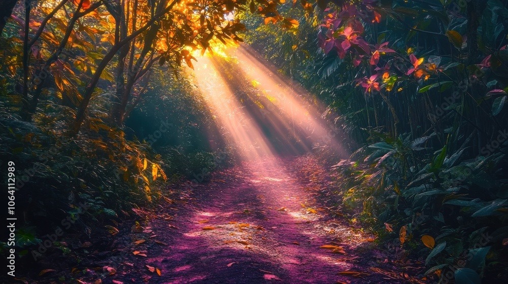 Fototapeta premium Sun rays illuminate a path through a lush forest with vibrant foliage.