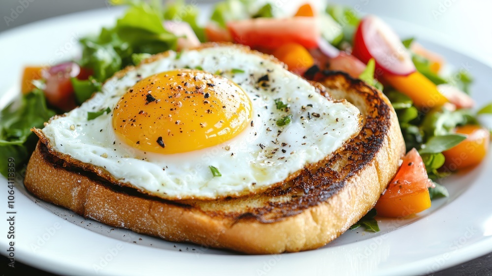 A delicious dish showcasing a sunny-side-up egg with a perfectly golden yolk, placed on a slice of toasted bread, served with a colorful and fresh garden salad. A delicious dish showcasing a sunny-side-up egg with a perfectly golden yolk, placed on a slice of toasted bread, served with a colorful and fresh garden salad.