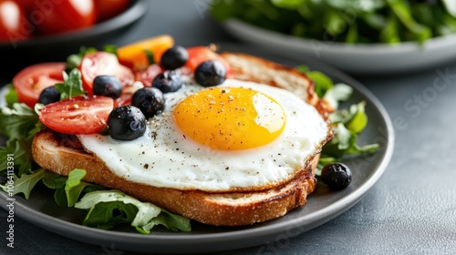 A healthy breakfast featuring a sunny-side up egg on toast with fresh blueberries, halved cherry tomatoes on a bed of arugula on an elegant gray plate. Perfect for culinary photography.