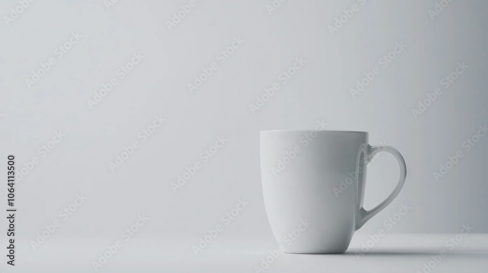 A white coffee cup sits atop a white table, alongside a black-and-white bird photo A white coffee cup sits atop a white table, alongside a black-and-white bird photo