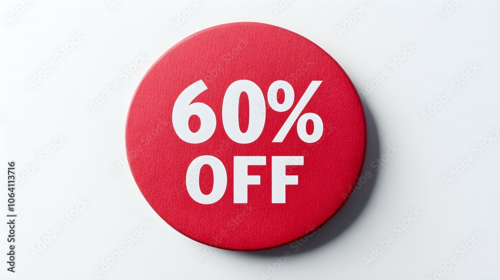 White '60% OFF' Text on a Red Round Paper Note. White Background with Copy Space White '60% OFF' Text on a Red Round Paper Note. White Background with Copy Space