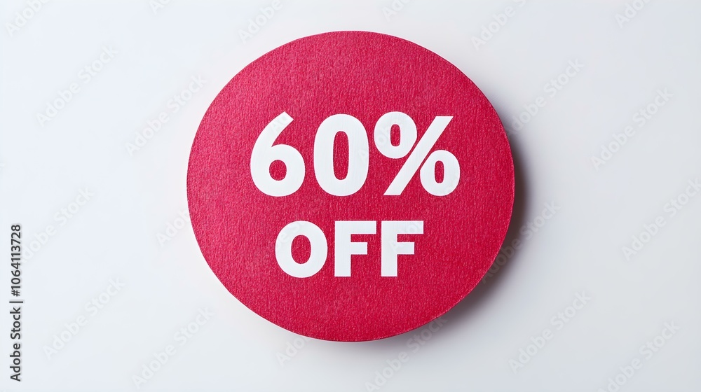 White '60% OFF' Text on a Red Round Paper Note. White Background with Copy Space White '60% OFF' Text on a Red Round Paper Note. White Background with Copy Space