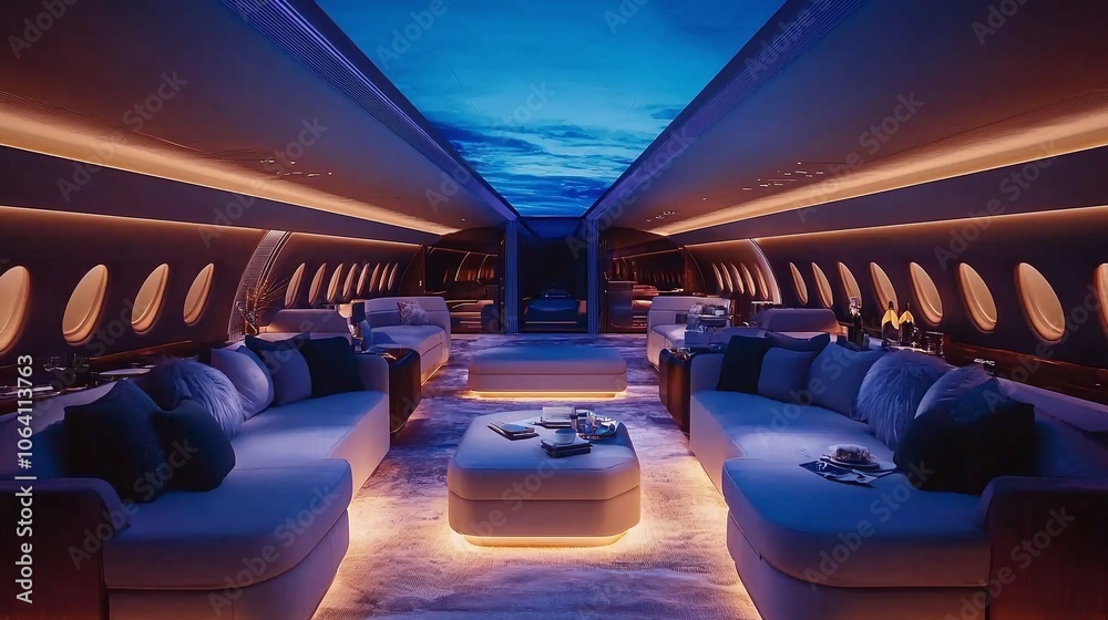 Fototapeta premium Experience luxurious private jet interiors with panoramic sky views for ultimate comfort and style
