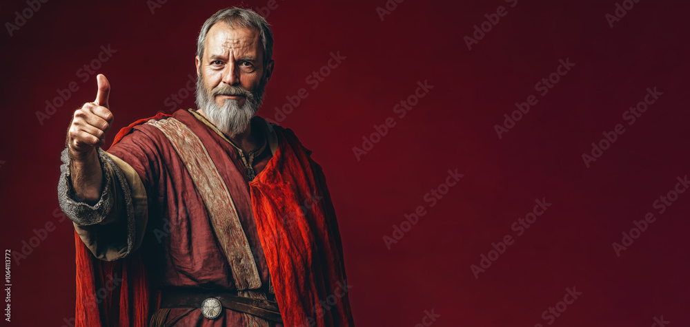 Naklejka premium Historical old era royalty man showing approving thumb up, studio photo banner copy space on side. Generative AI