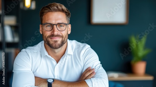 A man wearing glasses and a white shirt smiles confidently, seated in a modern office environment, capturing a professional yet approachable demeanor.