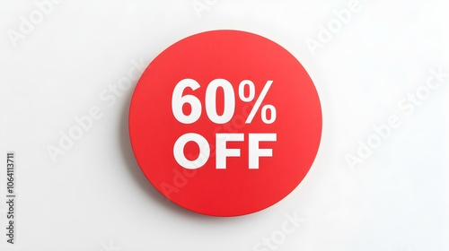 White '60% OFF' Text on a Red Round Paper Note. White Background with Copy Space