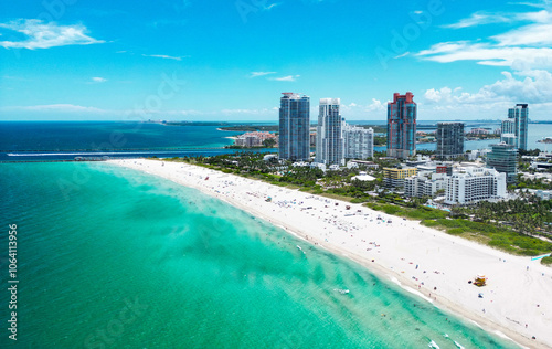 Miami Beach, South Beach, Florida, USA. Miami seaside. Aerial view of Miami Beach and cityscape. Coastline of Miami Beach shot from the air drone.