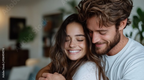 A loving couple shares a heartfelt embrace, their eyes closed in contentment, enveloped in the warmth of a cozy home environment, highlighting their bond.