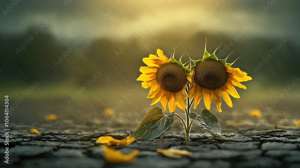 Obraz premium Sunflowers on a wet road in the center of a rain-soaked field