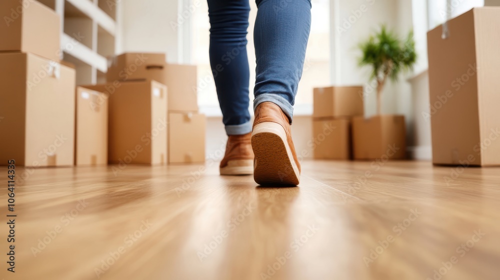 An image of footsteps walking on wooden floors surrounded by stacked boxes, suggesting moving or unpacking in a sunlit, modern interior space. An image of footsteps walking on wooden floors surrounded by stacked boxes, suggesting moving or unpacking in a sunlit, modern interior space.