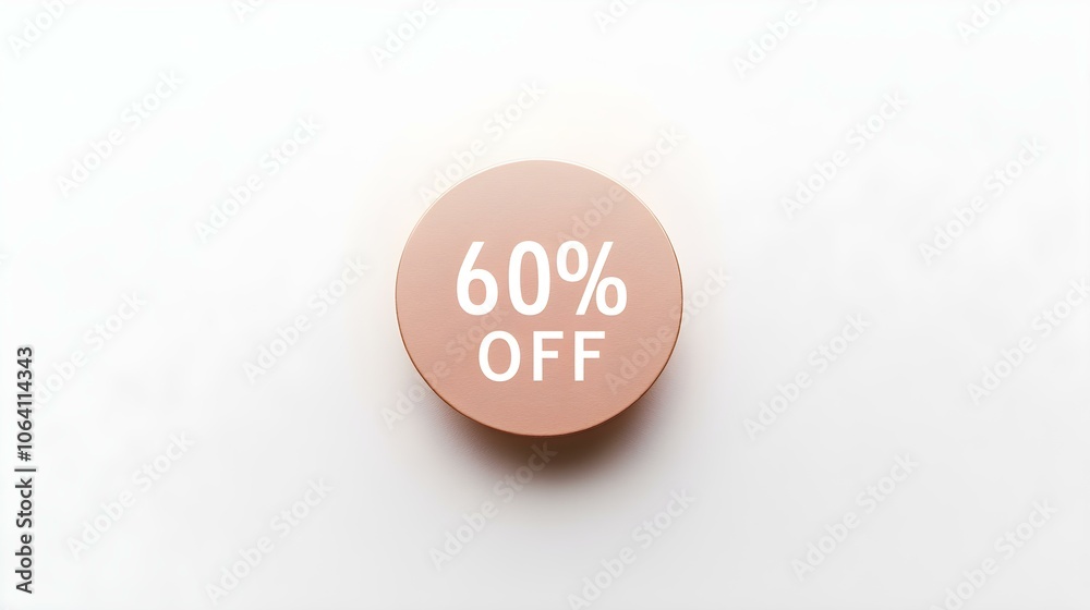 White '60% OFF' Text on a Rose Gold Round Paper Note. White Background with Copy Space White '60% OFF' Text on a Rose Gold Round Paper Note. White Background with Copy Space