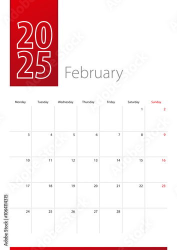 February 2025 calendar design. Week starts on Monday. Vertical calendar template.