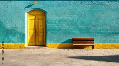 Colori accesi e geometrie decise caratterizzano questa immagine con archi colorati su uno sfondo giallo e bianco, catturando il passaggio di una figura solitaria. Le tonalità vibranti dei portoni enfa photo