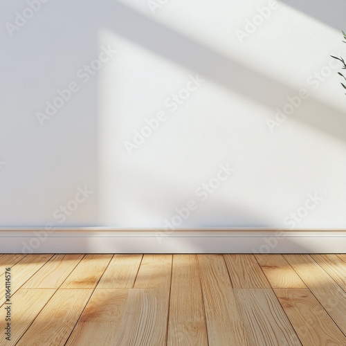 Empty room corner with sunlight casting a diagonal shadow on a white wall, wooden floor visible