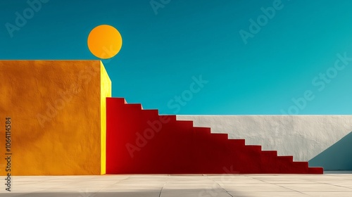 Colori accesi e geometrie decise caratterizzano questa immagine con archi colorati su uno sfondo giallo e bianco, catturando il passaggio di una figura solitaria. Le tonalità vibranti dei portoni enfa photo