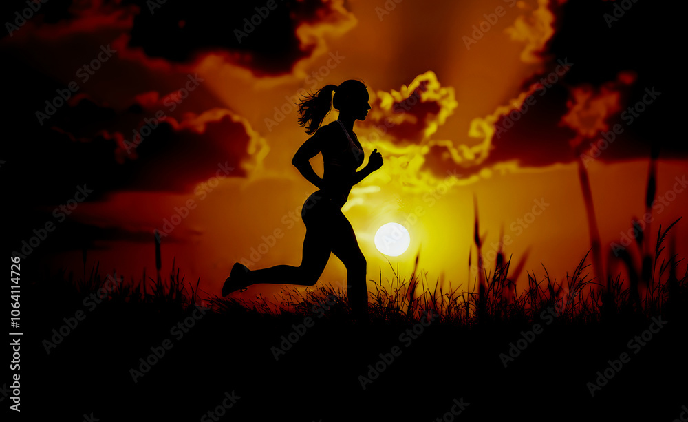 A silhouette of a woman jogging through the countryside at sunset, embodying freedom and determination. The vibrant sky adds dramatic effect to her serene yet powerful stride A silhouette of a woman jogging through the countryside at sunset, embodying freedom and determination. The vibrant sky adds dramatic effect to her serene yet powerful stride