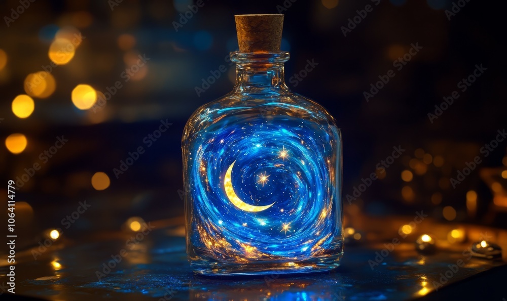 A clear bottle with a miniature celestial sky inside, featuring glowing constellations, swirling nebulae, and a crescent moon