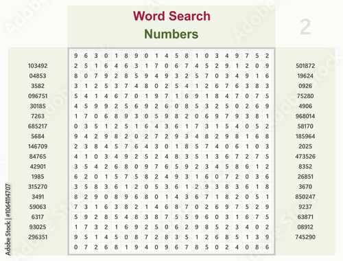Word search puzzle vector (Word find game) illustration. Numbers