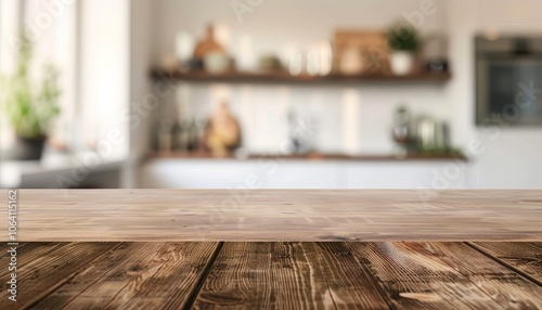 Empty wooden table top with blurred kitchen background. (2)